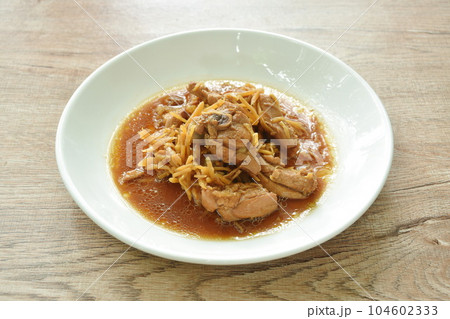 stir fried spicy chicken with slice ginger in soy sauce on plate stir fried spicy chicken with slice ginger in soy sauce on plate 104602333