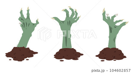 Zombie bony arms. Cartoon spooky monsters scrawny hands, Halloween creepy arms sticking out of ground flat vector illustration set 104602857