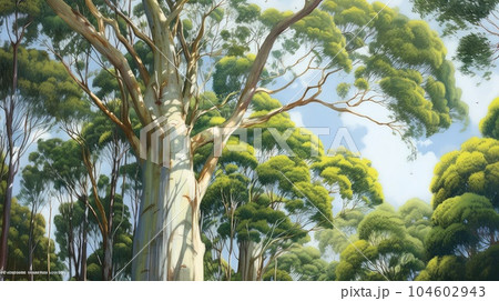 A majestic eucalyptus tree watercolor illustration - Generative AI. A majestic eucalyptus tree watercolor illustration - Generative AI. 104602943