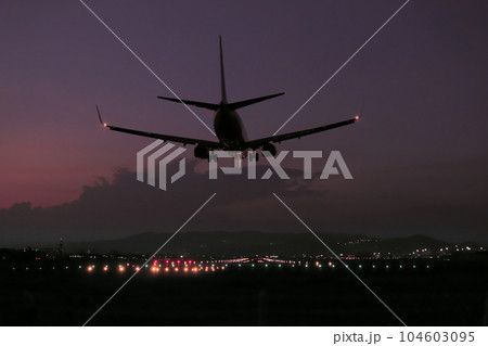 夕暮れに着陸する飛行機 104603095