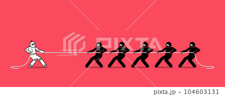 One robot AI artificial intelligence is stronger and better than many humans. Robot tug of war with people. Vector illustration concept of competition, job loss, future workers replacement by AI.  104603131