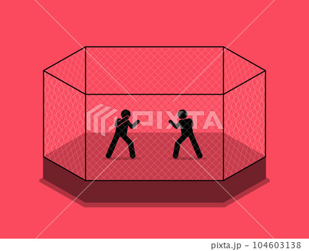 Cage fight between two fighters. Vector illustration depicts concept of cage fighting, boxing match, martial arts, challenge, one on one, rival, clash, and showdown. 104603138