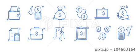 Money cash, coin business doodle icon set. Dollar coin, money profit doodle line sketch business inflation, cash payment. Financial profit, growth icon. Outline editable stroke. Vector 104603164