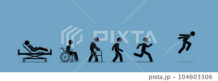 A sick injured person recover and regain his health after step by step rehabilitation and health improvement.  Vector illustration depicts concept of healing, healthy again, and getting better. 104603306