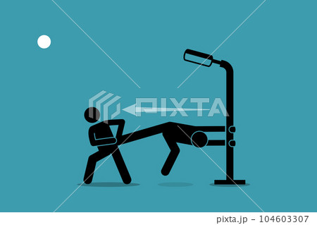 Man pulling and forcing someone to go, but he refused and grabbing himself to the lamp post. Vector illustration depicts concept of stubborn, unwilling, persistent, resolute, forceful, and hard sell. 104603307