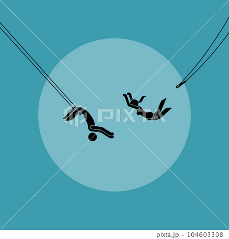Two trapeze artist performing in acrobatic circus aerial stunt. Vector illustration depicts concept of trust, reliability, confidence, belief, entrust, commitment, and faith.  104603308
