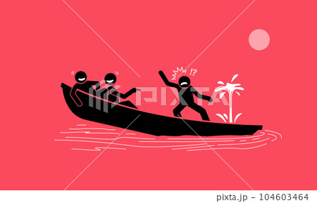 Two person laughing at another man calling for help, while their same boat is leaking water and sinking. Vector illustrations concept  depict ignorant, foolish, naive, stupid, simple minded dumb.  104603464