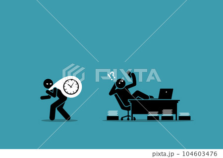 Procrastination is the thief of time. Vector illustrations clip art depicts concept of laziness, wasting time, delay, postpone, lazy, unproductive, and deadline.  104603476