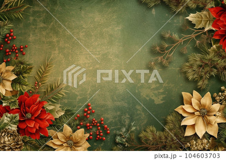 Fir tree twigs and poinsettia flowers edges on simple background with copy space. Generative ai Fir tree twigs and poinsettia flowers edges on simple background with copy space. Generative ai 104603703