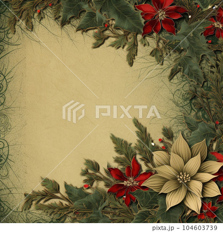 Fir tree twigs and poinsettia flowers edges on simple background with copy space. Generative ai 104603739