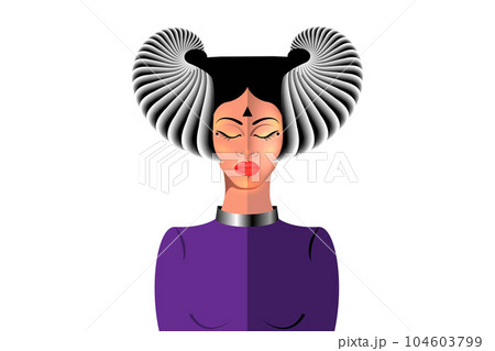 Portrait of the beautiful woman in a horned headdress. Pagan goddess with closed eyes, mythical character. Celtic priestess with capricorn horns. Witch, sorceress, spirituality, occultism symbol  104603799