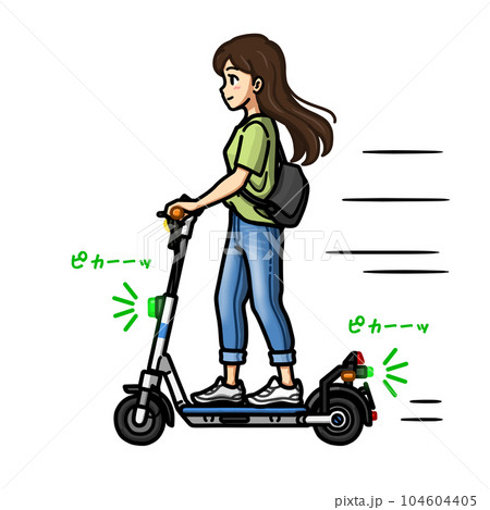 特定原付（最高速度20km/h）の電動キックボードで走行する女性のイラスト素材のイラスト素材 [104604405] - PIXTA