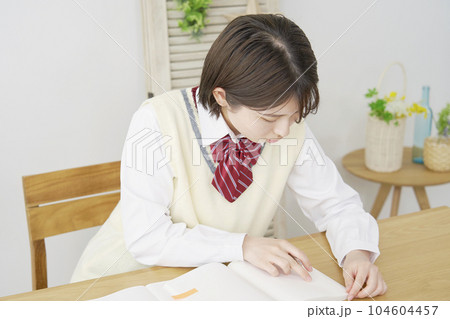 自宅で勉強をする女子高生 104604457