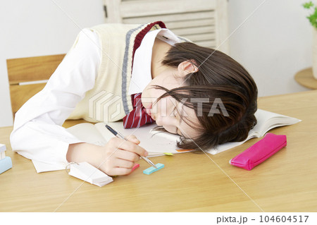 自宅で勉強中に居眠りする女子高生 自宅で勉強中に居眠りする女子高生 104604517