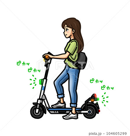特例特定原付（最高速度6km/h）の電動キックボードに乗る女性のイラスト（停止状態） 104605299