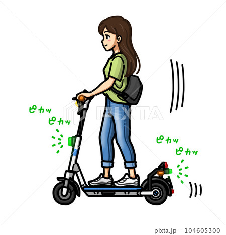 特例特定原付（最高速度6km/h）の電動キックボードで走行する女性のイラスト素材 104605300