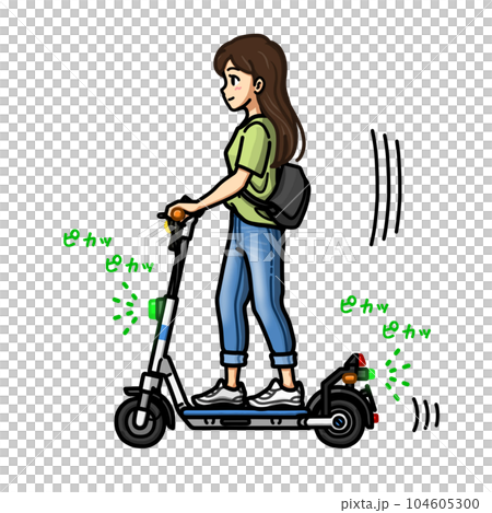 特例特定原付（最高速度6km/h）の電動キックボードで走行する女性のイラスト素材 104605300