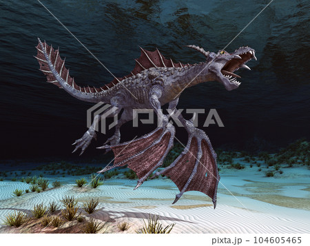 Water dragon in an underwater landscape 104605465