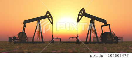 Oil pumps at sunset 104605477