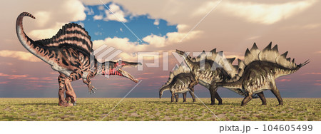 Dinosaur Spinosaurus and Stegosaurus in a landscape 104605499