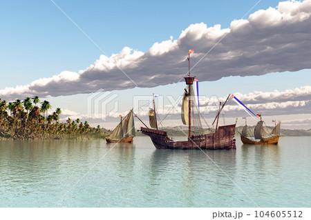 Santa Maria, Nina and Pinta of Christopher Columbus in front of an island Santa Maria, Nina and Pinta of Christopher Columbus in front of an island 104605512