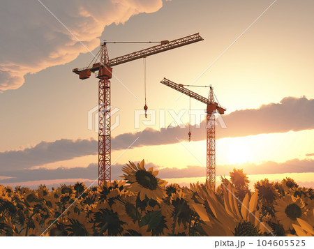 Construction cranes in a landscape with sunflowers at sunset 104605525