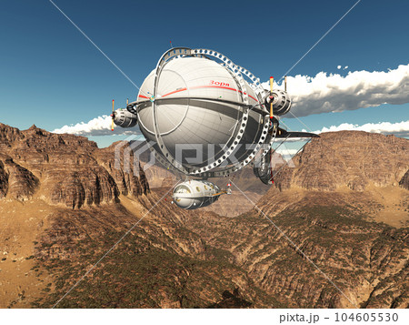 Fantasy airship over a mountain landscape 104605530