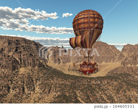 Fantasy hot air balloon over a mountain landscape 104605531