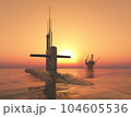 Modern submarine and offshore platform in the open sea at sunset 104605536