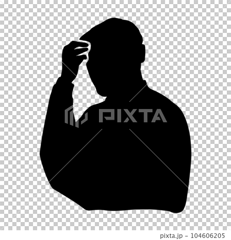 シニア男性シルエット　額に手を当て考え事をするピクトグラム　黒 104606205