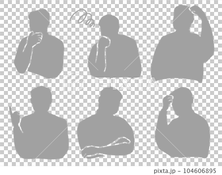 シニア男性シルエット　グレー　疑問悩めるジェスチャーイラストセット 104606895