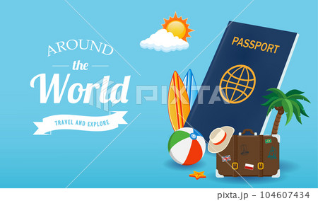 Travel composition with vacation stuff. Vector graphic 104607434
