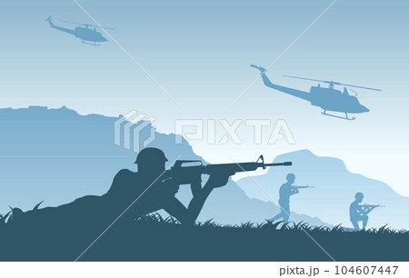 Silhouette design of soldier lying and ready to shoot gun at the enemy lines 104607447