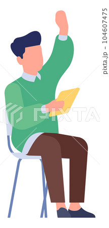 Student with raised hand. Young man holding paper sheet Student with raised hand. Young man holding paper sheet 104607475