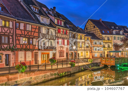 Colmar France, Colorful Half Timber House night city skyline Colmar France, Colorful Half Timber House night city skyline 104607767
