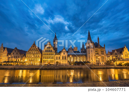 Ghent Belgium, night city skyline at St Michael's Bridge (Sint-Michielsbrug) with Leie River and Korenlei 104607771