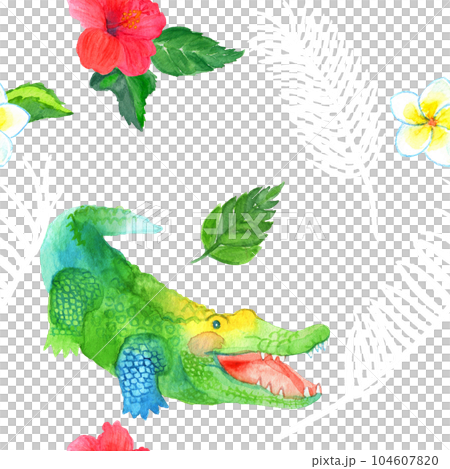 Cute watercolor seamless pattern material decorated with smiling crocodile and hibiscus, plumeria and palm leaves 104607820