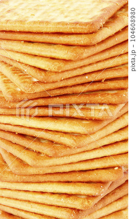 Many Yummy Square Cream Crakers were displayed to look so tasty and for the best healthy foods and quick easy food composition. Dessert Concept. 104608980