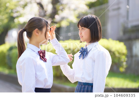 お互いの顔を見ながら会話をする2人の女子中学生 学校 制服 スクールライフ お互いの顔を見ながら会話をする2人の女子中学生 学校 制服 スクールライフ 104609335