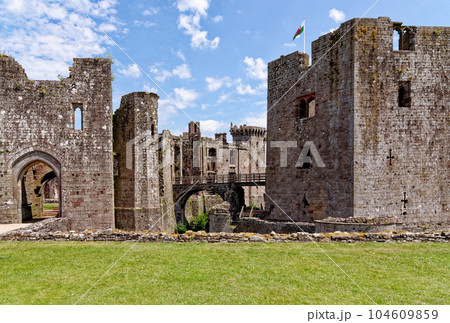 Raglan Castle in Summer, Raglan, Monmouthshire, South Wales, UK Raglan Castle in Summer, Raglan, Monmouthshire, South Wales, UK 104609859