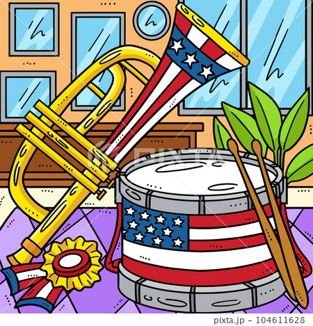 4th Of July Marching Drum and Trumpet Colored  104611628