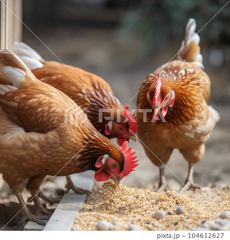 chickens peck feed, grain, close up, chicken farm, poultry farming chickens peck feed, grain, close up, chicken farm, poultry farming 104612627