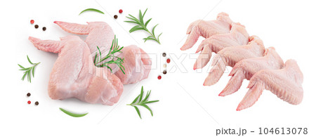 Raw chicken wings isolated on white background with full depth of field. Top view. Flat lay 104613078