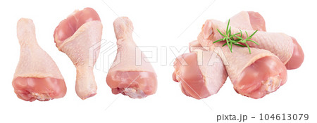 Raw chicken leg or drumstick isolated on white background with full depth of field. Top view. Flat lay 104613079
