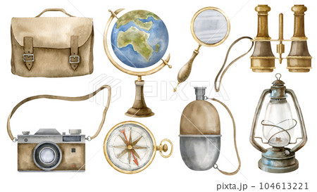 Vintage equipment set. Hand drawn watercolor illustration of retro globe, magnifying and lantern on white isolated background. Old instruments for navigation, travel and the science for clipart. Vintage equipment set. Hand drawn watercolor illustration of retro globe, magnifying and lantern on white isolated background. Old instruments for navigation, travel and the science for clipart. 104613221