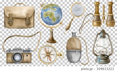 Vintage equipment set. Hand drawn watercolor illustration of retro globe, magnifying and lantern on white isolated background. Old instruments for navigation, travel and the science for clipart. Vintage equipment set. Hand drawn watercolor illustration of retro globe, magnifying and lantern on white isolated background. Old instruments for navigation, travel and the science for clipart. 104613221