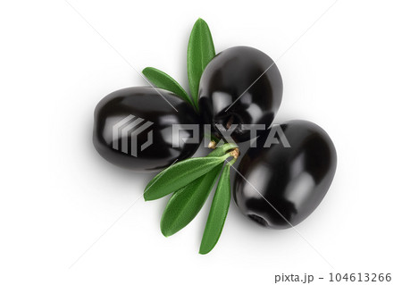 Black olives with leaves isolated on a white background with full depth of field. Top view. Flat lay 104613266