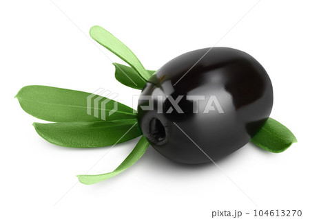 Black olives with leaves isolated on a white background with full depth of field. 104613270