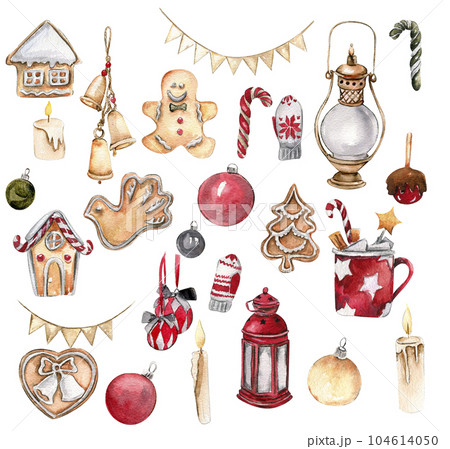 A set of Christmas cookie, lamp,new year toys. Hand drawn watercolor illustration for winter holiday. Perfect for post cards, invitation, t-shirt, posters, party, mug, home decoration. 104614050