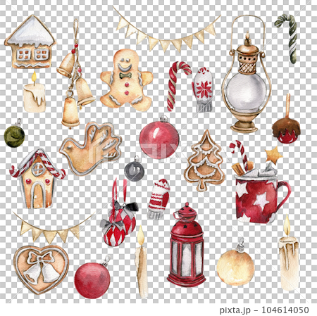 A set of Christmas cookie, lamp,new year toys. Hand drawn watercolor illustration for winter holiday. Perfect for post cards, invitation, t-shirt, posters, party, mug, home decoration. 104614050